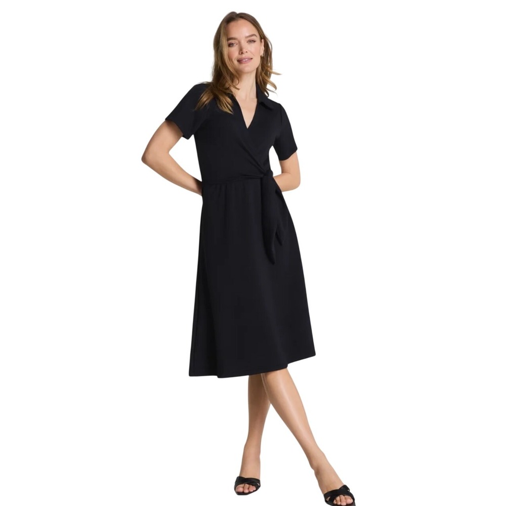 SPANX AirEssentials Collared Tie-Waist Midi Dress Black Minimalist Office Medium